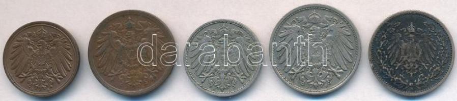 Német Birodalom 1905A 1pf Cu + 1912A 2pf Cu + 1910D 5pf Cu-Ni + 1901D 10pf + 1905A 1/2M T:2-3
Germa...