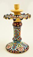 Díszes virágmintás modern perzsa kerámia gyertyatartó, kézzel festett, jelzett, hibátlan, m: 19 cm