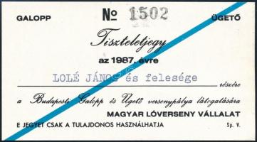 1987 Budapesti Galopp és Ügető tiszteletjegy, 5,5x10 cm