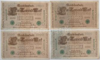 Német Birodalom 1910. 1000M (4x) hat- és hétjegyű sorszám, zöld pecséttel T:III  German Empire 1910. 1000 Mark (4x) 6 and 7 digit serial with green seal C:F