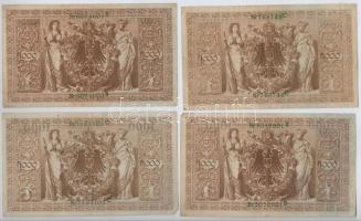 Német Birodalom 1910. 1000M (4x) hat- és hétjegyű sorszám, zöld pecséttel T:III 
German Empire 1910...