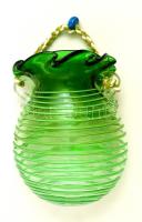 Zöld színű szálhúzott szakított fali üvegváza, gyöngyös akasztóval, hibátlan, m: 19 cm