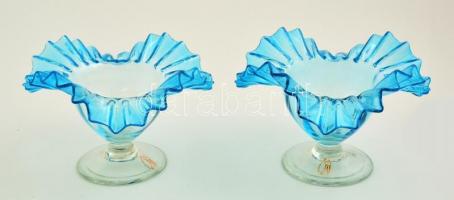Kék szakított üveg fagylaltos kehely pár, hibátlan, d: 14 cm