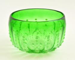 Zöld színű szakított üveg kínáló, matricával jelzett, d: 12 cm