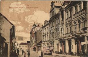 Eszék, Osijek, Esseg; Kapucinus utca, lóvasút / Kapucinska ulica / Kapuzinergasse / street view, shops, horse drawn tram (EK)