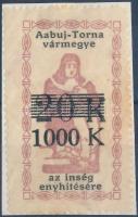 1924 Abaúj-Torna vármegyei ínségbélyeg 1000K/20K felcserélt betűkkel, négy oldalon fogazott (9.900)