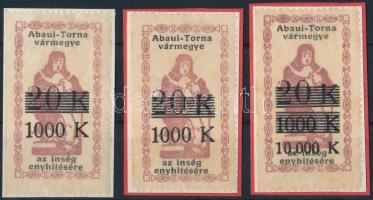 1924-1925 Abaúj-Torna vármegyei ínségbélyeg 3 db 2 klf átértékelt felülnyomással (9.000)