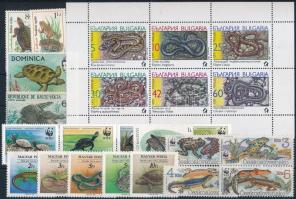 Hüllők motívum 18 db klf bélyeg közte teljes sorok és összefüggések + 1 db kisív, Reptiles 18 stamps + 1 mini sheet