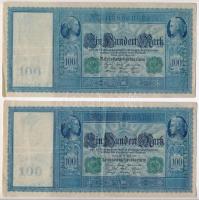 Német Birodalom 1910. 100M zöld pecsét és sorszám (2x) közeli sorszám T:III,III- German Empire 1910. 100 Mark green seal and serial (2x) close serials C:F,VG