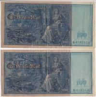 Német Birodalom 1910. 100M zöld pecsét és sorszám (2x) közeli sorszám T:III,III-
German Empire 1910...