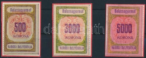 1924 Balassagyarmat városi bélyegdíj 1, 5 és 6 sz. okmánybélyege (14.000)
