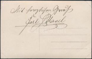 Carl Blasel (1831-1922) osztrák színész sajátkezű aláírása őt ábrázoló fotólapon, hátoldalán üdvözle...