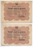1849. 15kr Kossuth bankó (2x) egyiken vékonyabb aláírás T:III-