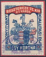 1914 Besztercze SZ. KIR.R.T. város bizonyítvány kiállítási díj bélyege (22.000)