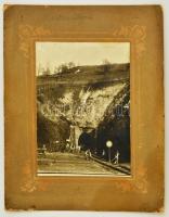 cca 1910 Kékellő, Vasúti alagút építése, kartora kasírozva, képméret: 28x13 cm / Krahule, Railway tunnel under construction, 28x13 cm