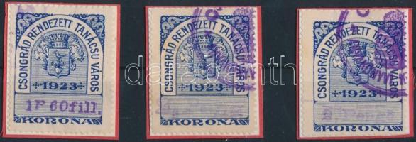 1927 Csongrád R.T.V. okirati illetékbélyeg 3 db 2 féle felülnyomott példánya (6.500)