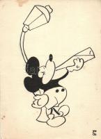 Mickey Mouse drinking alcohol, Hungarian early Disney postcard. s: S. B. (?) (EK)