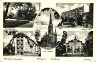 Budapest X. Kőbánya, Rottenbiller kert, Polgári iskola, városháza, székesfővárosi bérházak, református templom