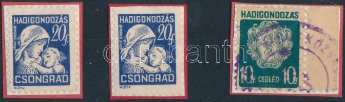 1944 Cegléd és Csongrád 3 db 2 féle hadigondozás bélyeg (4.500)