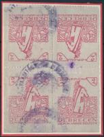 1919 Debrecen SZ.KIR.V. 1 sz. okirati illetékbélyege vastagabb papíron, függőleges egymással szembeforduló pár négyestömbben (22.750)