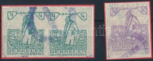 1920 Debrecen SZ.KIR.V. 4K (párban)/10K okirati illetékbélyeg szürke és kék alányomattal (4.200)