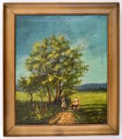 XX. sz eleje: Jelzés nélkül. Kutyás lányok a tájban. Olaj, vászon. Keretben. 30x23 cm