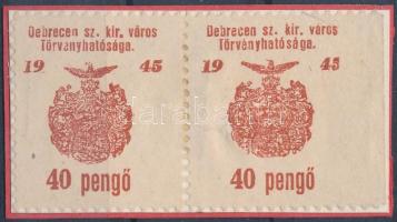 1945 Debrecen SZ.KIR.V. 3 db 22 sz. okirati illetékbélyeg párban, az egyik értéken az n betű kisebb (3.900)