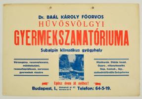 cca 1920 Hűvösvölgy Dr. Baál Károly főorvos gyermekszanatóriuma reklámtábla, karton, 33x50 cm