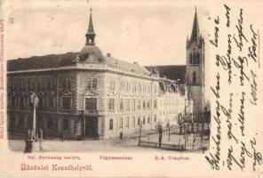 Keszthely, Szent Háromság szobor, Főgimnázium, Római katolikus templom. Mérei Ignác kiadása (EK)