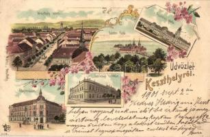 Keszthely, Római katolikus főgimnázium, Fő utca, Balaton fürdő, Gazdasági tanintézet, Gróf Festetics palota. Marton Móricz kiadása, Ottmar Zieher floral Art Nouveau litho (EK)