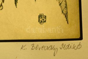 K. Bereczky Ildikó:A kikosarazott. Színezett rézkarc. Jelzett, sorszámozott. 22/50. Kissé hullámos p...