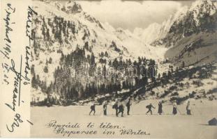 1917 Tátra, Poprádi tó télen, síelők / Poppersee im Winter / frozen lake with skiers, wintersports. photo + Vöröskereszt Hadikórház Tátraszéplak