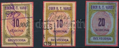 1923 Eger R.T.V. 3 db 2 féle okirati illetékbélyeg (5.250)