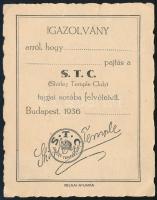 1936 Bp., Shirley Temple Club tagsági igazolványa előlapján Shirley Temple fotójával és nyomtatott a...