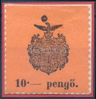 1945 Debrecen okmánybélyeg 10 pengős narancs papíron, nyomáshiány(katalógus nem jelöl ilyen papírt)