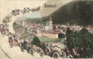 Brassó, Kronstadt, Brasov; látkép automobilos montázzsal / general view, automobile montage (Rb)
