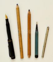 Régi toll és ceruza tétel, összesen 5 db, Schuler József Rt., postairón, Saxlehner töltőceruza, töltőtoll