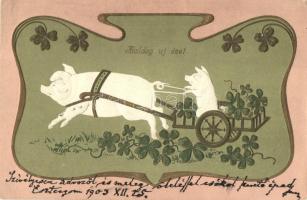 Boldog Újévet! / New Year greeting card, pig riding pig cart. floral Art Nouveau Emb. litho (EK)