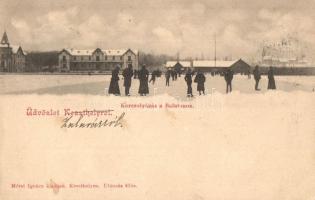 Keszthely, korcsolyázás a befagyott Balatonon télen. Mérei Ignác kiadása