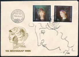 1986 Szász Endre (1926-2003) jelzett rajza, 59. bélyegnapi FDC-n, bélyegekkel