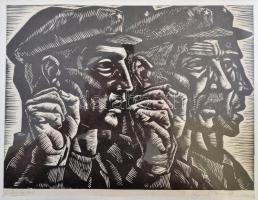 Kerti Károly (1917-?): Eskütétel. Fametszet, papír, jelzett, üvegezett kopottas keretben, 20x27 cm