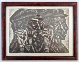 Kerti Károly (1917-?): Eskütétel. Fametszet, papír, jelzett, üvegezett kopottas keretben, 20x27 cm