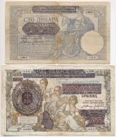 Szerbia / Német megszállás 1941. 100D + 1000D mindkettő jugoszláv bankjegyre nyomva T:III,III- Serbia / German occupation 1941. 100 Dinara + 1000 Dinara both printed on Yugoslavian banknotes C:F,VG