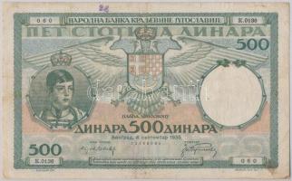 Jugoszlávia 1935. 500D T:III fo. Yugoslavia 1935. 500 Dinara C:F spotted