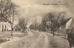 Sáros, Scharosch bei Fogarasch, Soars; utcakép, háttérben katonák Vöröskeresztes zászlóval / street view, soldiers with Red Cross flag in the background (Rb)