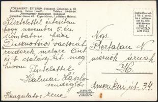 cca 1930-1940 Rózsakert Étterem (Bp.,XIV. kerület) disznótoros vacsorára szóló meghívója, az étterem...