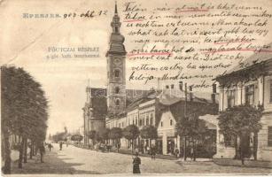 Eperjes, Presov; Fő utca, görögkatolikus templom, Traurig Adolf üzlete. Divald kiadása / main street, church, shops (EB)