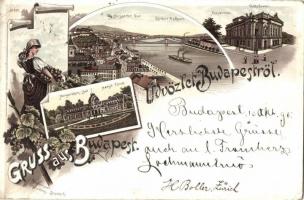 1895 (Vorläufer!) Budapest, Népszínház, Várkert rakpart, Margit fürdő. Szőlős, Art Nouveau litho (EB)