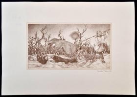 Kovács Tamás (1942-1999): Sárkányölő. Rézkarc,üvegezett keretben, 18x29 cm