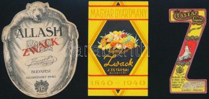 cca 1930-1940 3 db Zwack italcímke: Allash kettős kömény, Császár Liqueur, 7x3 és 8x5 cm közi méretben